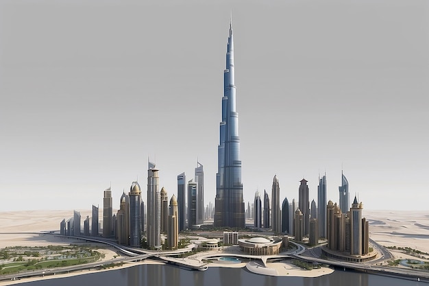Le bâtiment Burj Khalifa en 3D sur un fond gris isolé