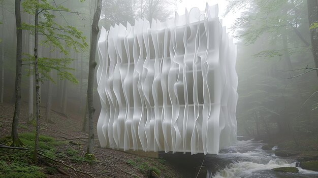 un bâtiment avec une cascade en arrière-plan