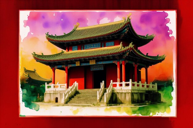 Un bâtiment chinois coloré avec le mot "temple" sur le devant.