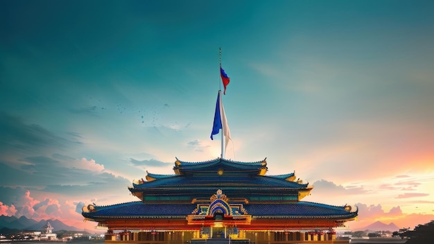 Un bâtiment chinois avec un drapeau dessus