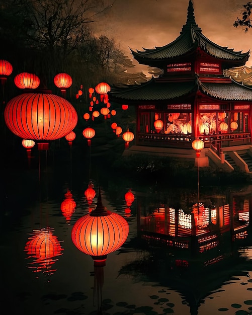 Un bâtiment chinois avec une lanterne rouge devant lui
