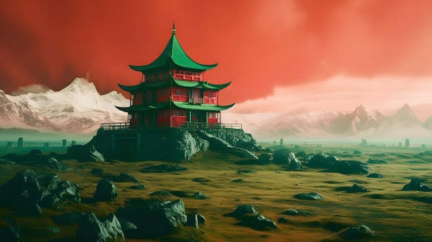 Un bâtiment chinois rouge et vert se dresse sur un paysage rocheux avec des montagnes en arrière-plan.