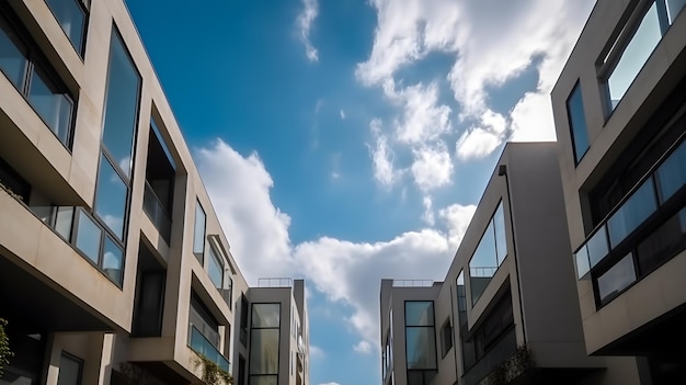 Un bâtiment avec un ciel bleu et des nuages