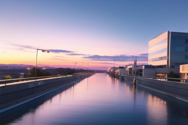 Un bâtiment avec un ciel mauve et le mot "compagnie" au sommet.