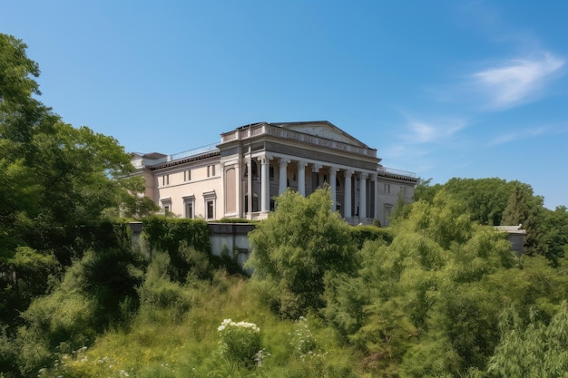 Bâtiment classique entouré de verdure et de soleil contre un ciel bleu clair