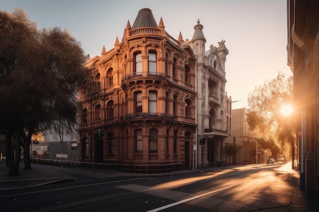 Bâtiment classique et historique avec vue sur la rue animée de la ville pendant l'heure d'or