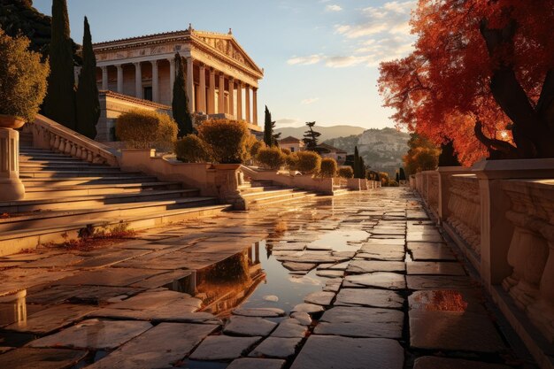 un bâtiment avec des colonnes et une flaque d'eau