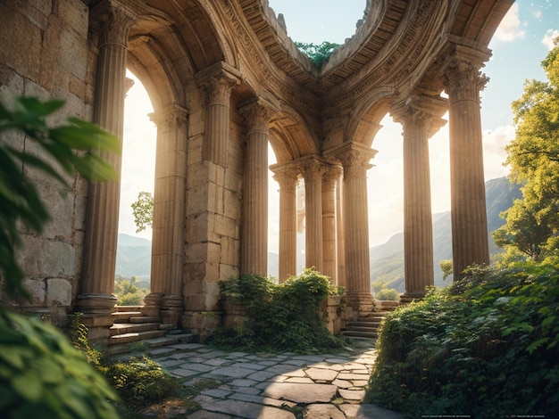 Un bâtiment avec des colonnes et une montagne en arrière-plan