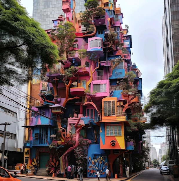 Un bâtiment coloré au milieu de la ville