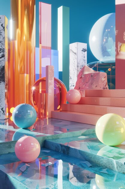 un bâtiment coloré avec des ballons en bas et un panneau disant le mot dessus