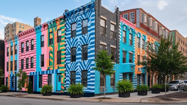 Un bâtiment coloré avec beaucoup de fenêtres et un panneau indiquant "la ville de new york"