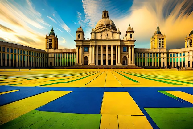 Un bâtiment coloré avec un dessin bleu et jaune en bas.