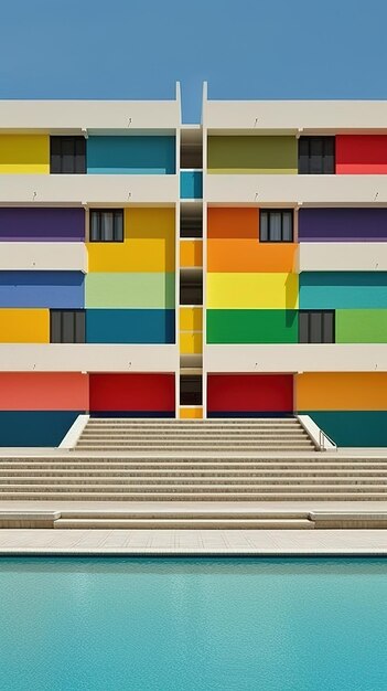 Un bâtiment coloré avec un escalier devant lui.