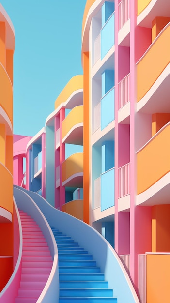 un bâtiment coloré avec une façade colorée et une passerelle.