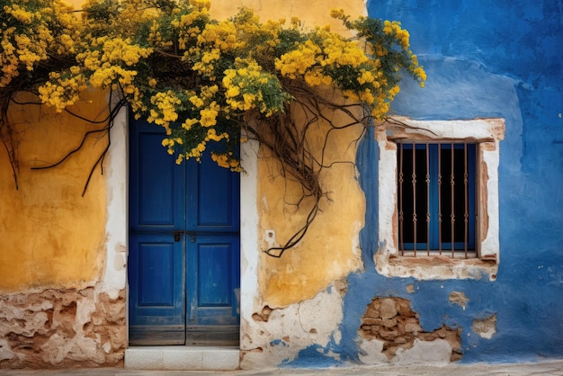 un bâtiment coloré avec une porte et une fenêtre d'un bleu éclatant