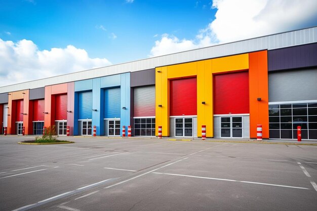 un bâtiment coloré avec une porte rouge jaune et bleue