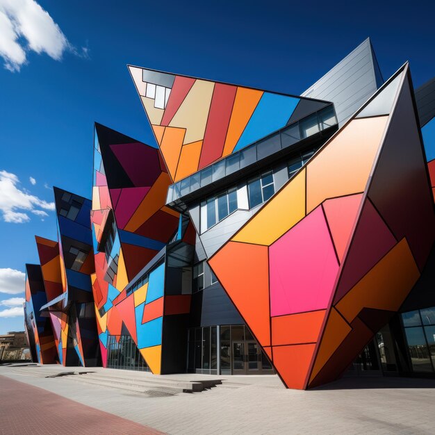 bâtiment de conception géométrique avec des angles nets et des couleurs vives