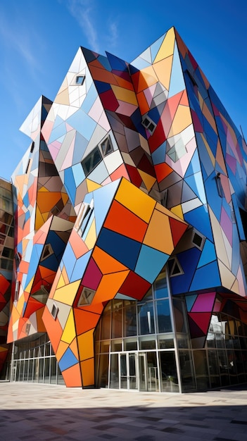 bâtiment de conception géométrique avec des angles nets et des couleurs vives