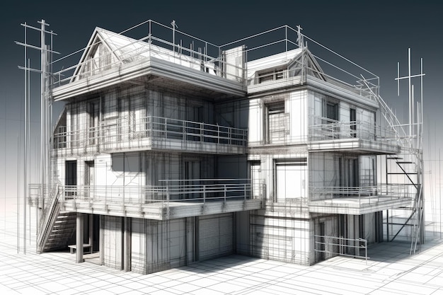 Bâtiment en construction avec échafaudage dans un rendu 3D Generative AI