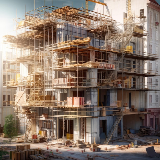 Un bâtiment en construction avec des échafaudages et des échafaudages autour.