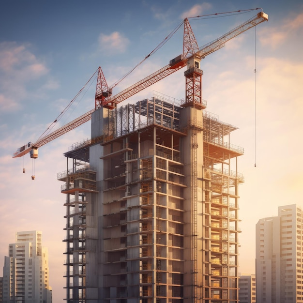 Un bâtiment en construction avec un fond de ciel et une grue sur le dessus.