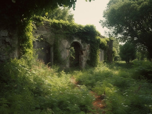 Un bâtiment dans les bois avec la porte ouverte