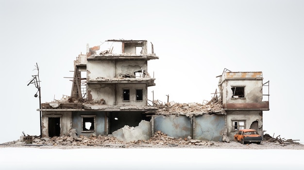 Un bâtiment délabré sur un fond blanc