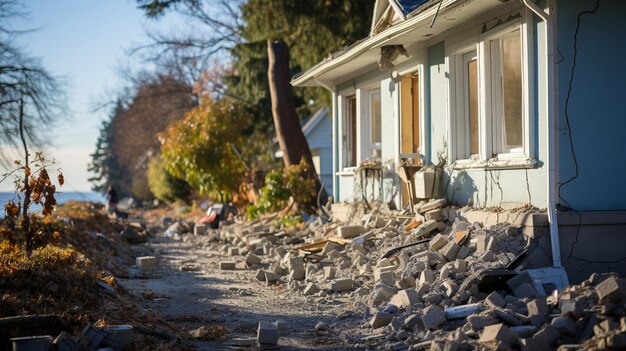 Photo bâtiment détruit sur le fond d'une vieille maison