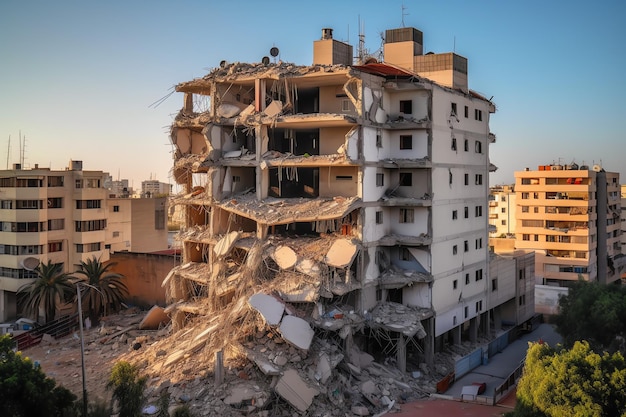 Bâtiment détruit par des bombes avec des décombres dans le conflit de Gaza Palestine Israël ou Russie Destruction de guerre