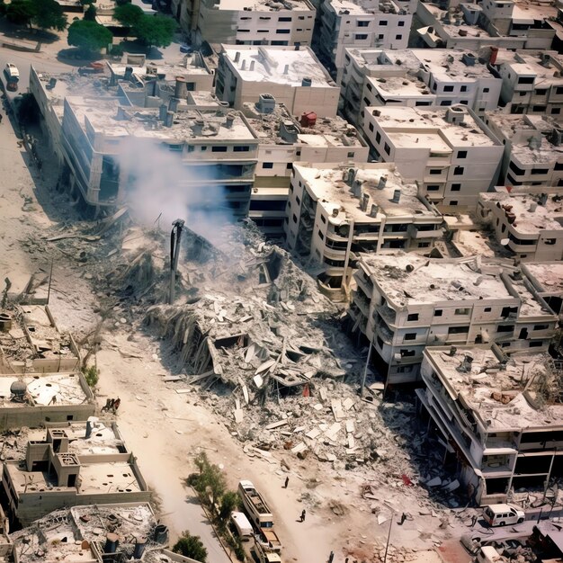 Photo bâtiment détruit par des bombes avec des décombres dans le conflit de gaza palestine israël ou russie destruction de guerre