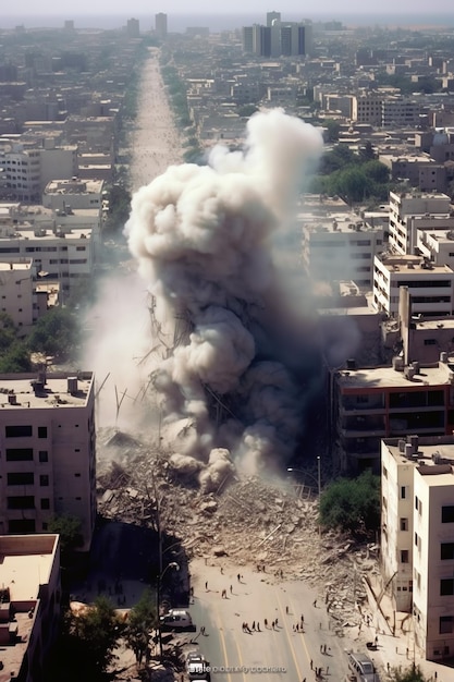 Bâtiment détruit par des bombes avec des décombres dans le conflit Gaza Palestine Israël ou Russie Destruction de guerre