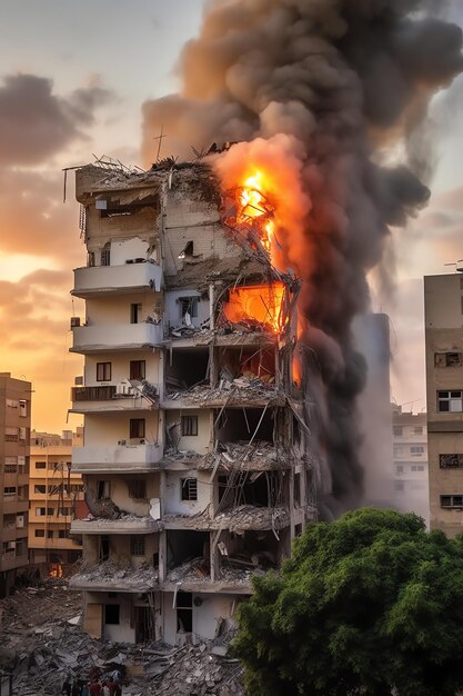 Bâtiment détruit par des bombes avec des décombres dans le conflit Gaza Palestine Israël ou Russie Destruction de guerre