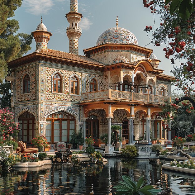 un bâtiment avec un dôme bleu et une fontaine au milieu