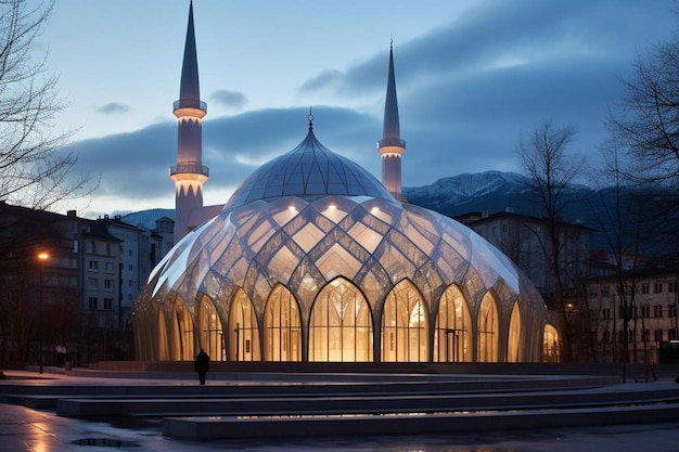 un bâtiment avec un dôme en verre qui dit le nom de la mosquée