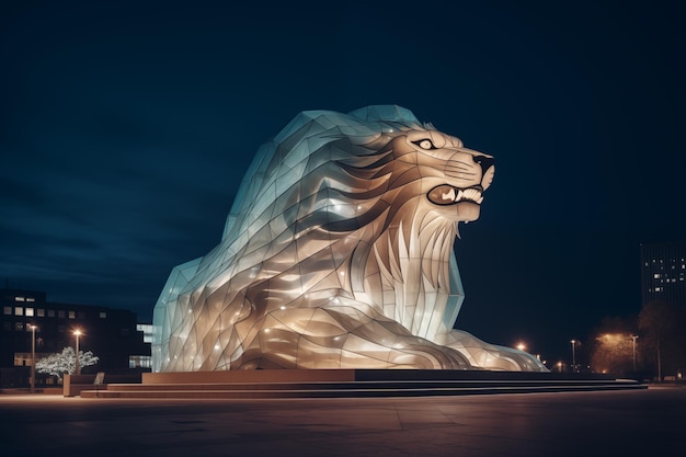 Un bâtiment éclairé en forme de lion la nuit