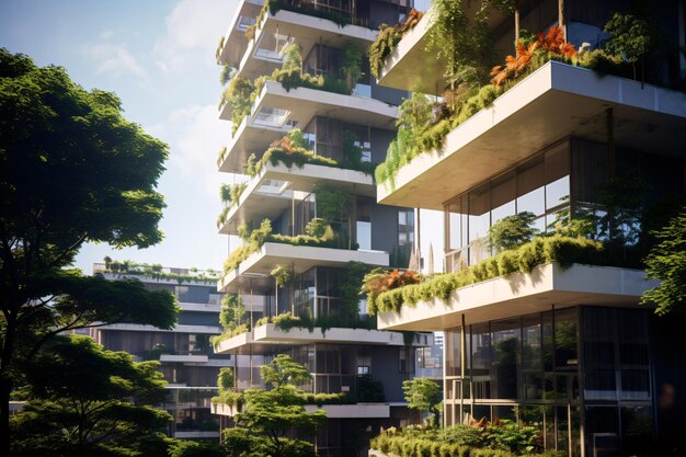Bâtiment écologique dans la ville moderne Bâtiment de bureaux en verre durable avec arbre pour réduire le CO2