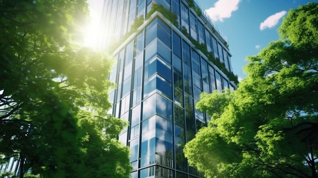 Bâtiment écologique dans la ville moderne Branches d'arbres vertes avec des feuilles et bâtiment en verre durable pour réduire la chaleur et le dioxyde de carbone Bâtiment de bureau avec un environnement vert