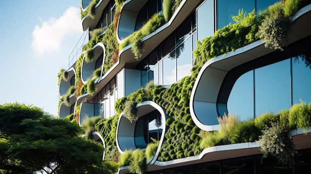 Bâtiment écologique dans la ville moderne Immeuble de bureaux en verre durable avec arbre pour réduire le CO2