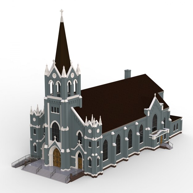 Le bâtiment de l'église catholique, des vues de différents côtés. Illustration en trois dimensions sur un fond blanc. Rendu 3d.