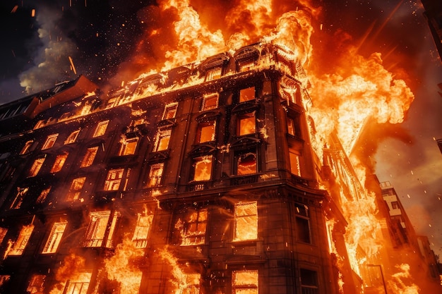 Photo bâtiment englouti par les flammes. les pompiers luttent contre l'incendie au milieu de la fumée et du chaos.