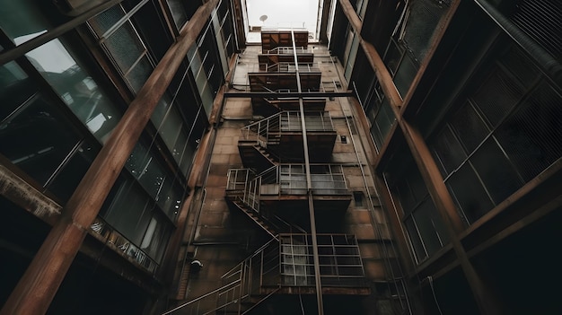 Un bâtiment avec un escalier qui dit "le mot feu" dessus