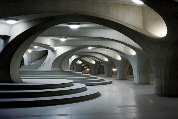 Un bâtiment avec un escalier qui a un grand cercle à l'intérieur