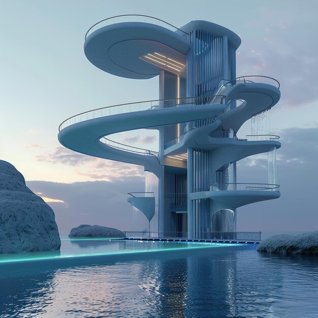 un bâtiment avec un escalier en spirale est dans l'eau