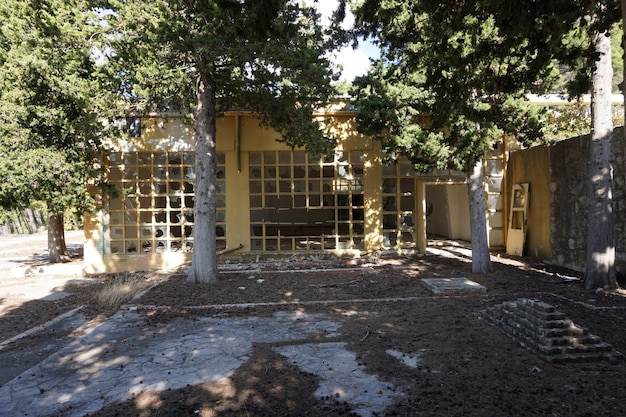 Le bâtiment est entouré d'arbres et a beaucoup de fenêtres.