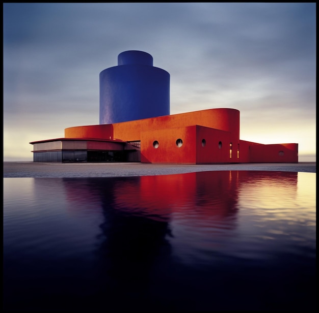 Un bâtiment avec un extérieur bleu et orange et une tour bleue.