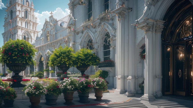 Un bâtiment avec une façade blanche et des fleurs au premier plan.