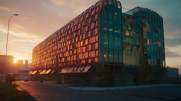 Un bâtiment avec une façade rouge et bleue et le mot université au sommet.