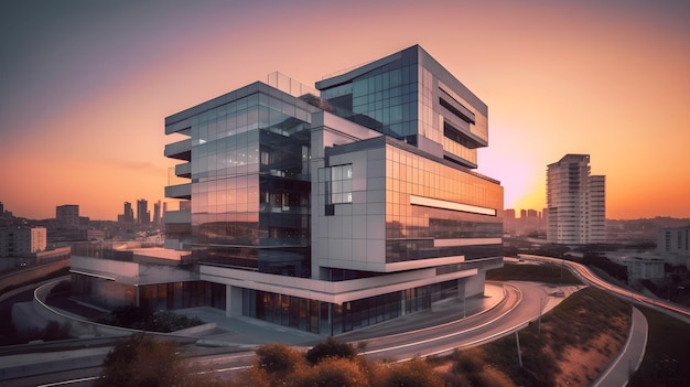 Un bâtiment avec une façade en verre et un coucher de soleil en arrière-plan.