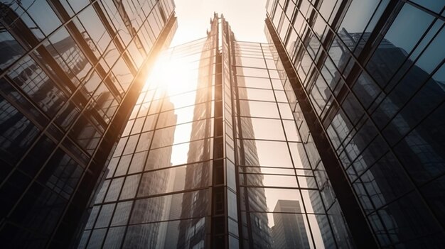 Un bâtiment avec une façade en verre et le soleil qui brille dessus