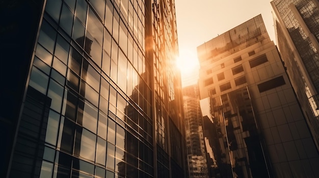 Un bâtiment avec une façade en verre et le soleil qui brille dessus